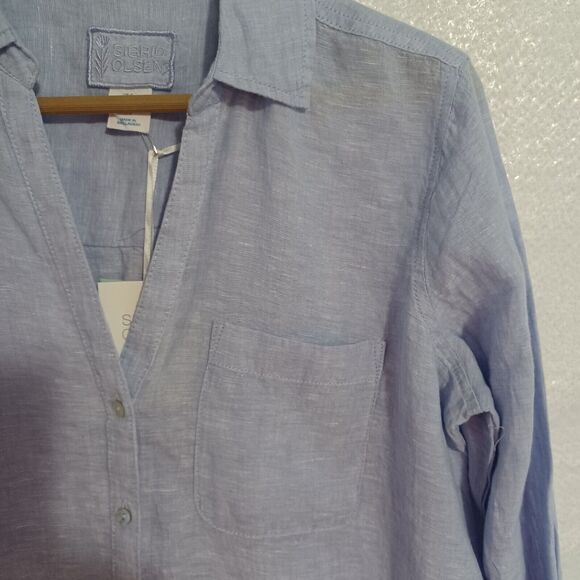 Sigrid Olsen LINEN Top Size S Blue Button Front Tunic Roll Sleeves Washable NEW - Picture 3 of 9